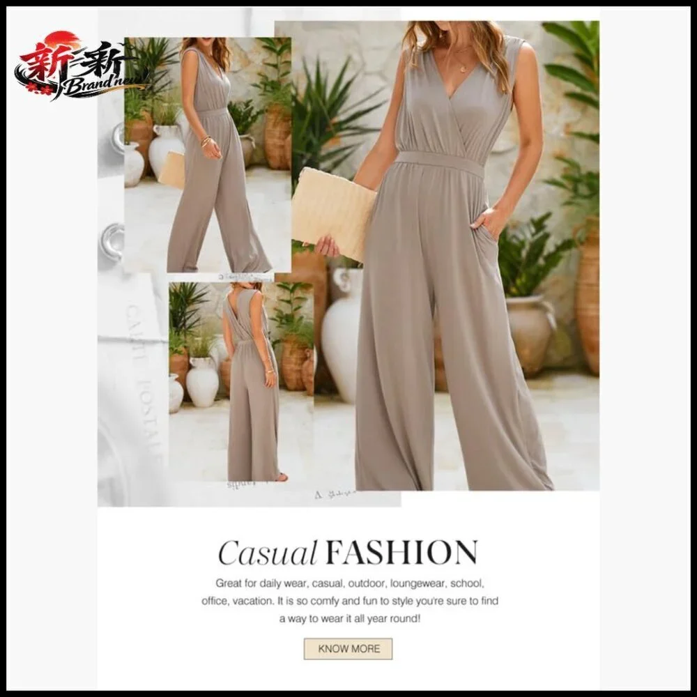 Sleeveless Jumpsuit Wrapped V Neck Wide Leg Pants Side Pockets